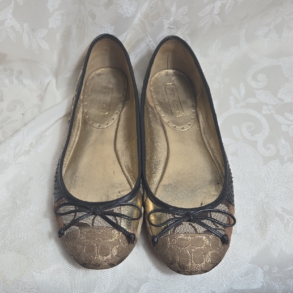 Coach Brown And Gold Women's Patchwork Ballet Flats - Picture 1 of 12